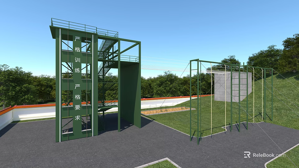 Park Landscape With Green Outdoor Training Tower Climbing Frames Grass Area And Trees 3d model 