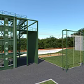 Park Landscape With Green Outdoor Training Tower Climbing Frames Grass Area And Trees