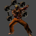 Game Anime Character With Blonde Hair Red Mask Orange Outfit And Circular Weapons On Back