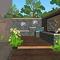 Family Friendly Garden Landscape With Lush Trees Colorful Flowers And Stone Pathway
