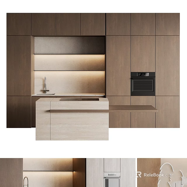 Modern Kitchen Interior With Dark Light Wood Cabinets Counter And Oven 3d model 