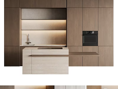 Modern Kitchen Interior With Dark Light Wood Cabinets Counter And Oven 3d model