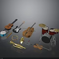 Household Musical Instruments Collection With Guitar Bass Violin Trumpet And Drum Set