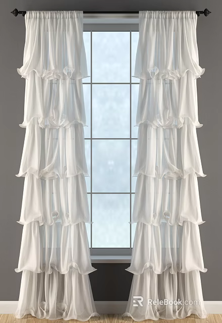 Elegant White Ruffled Design Window Curtains for Bright Home Interiors 3d model 