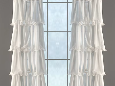 Elegant White Ruffled Design Window Curtains for Bright Home Interiors 3d model