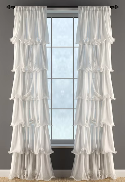 Elegant White Ruffled Design Window Curtains for Bright Home Interiors 3d model