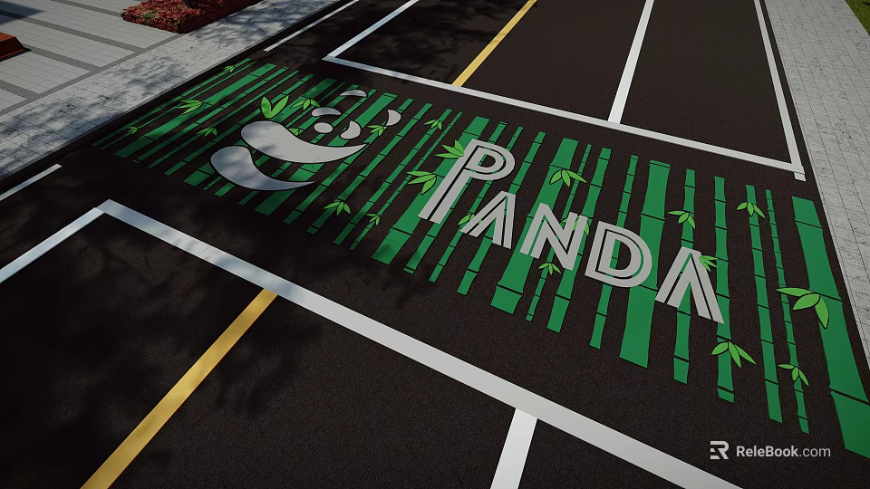 Garden Landscape Design With Green Bamboo Patterns And Panda Art On Ground 3d model 