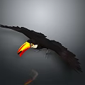 Toucan Flying With Vibrant Beak And Black Feathers On Dark Background
