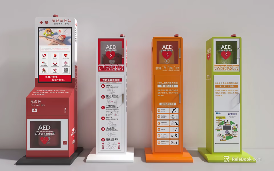 Colorful AED Medical Devices for Public Emergency First Aid Response 3d model 