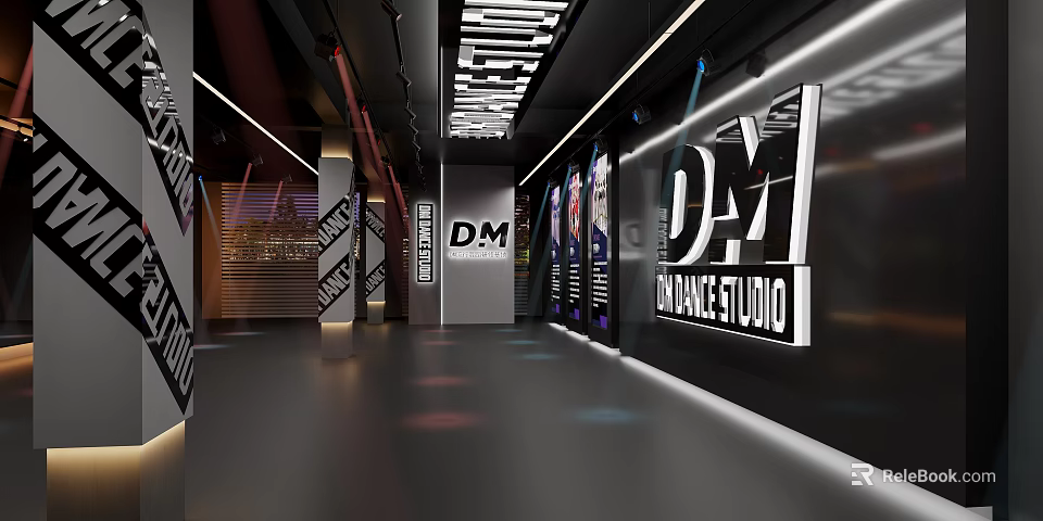 Spacious Modern Dance Studio Interior With Stylish Lighting And Decorative Walls 3d model 