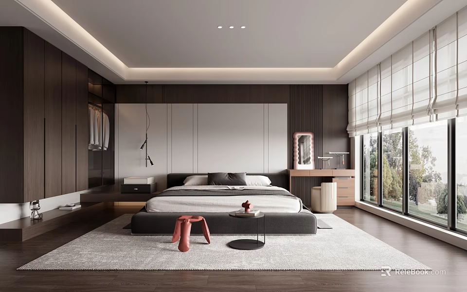 Modern Bedroom Interior Design With Dark Wooden Wardrobes Large Bed And Floor to Ceiling Windows 3d model 