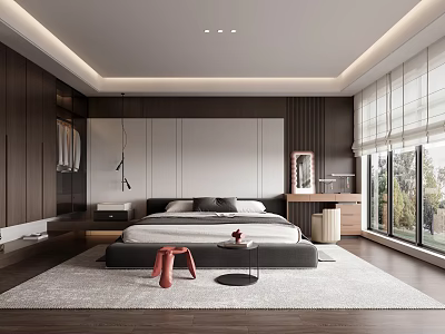 Modern Bedroom Interior Design With Dark Wooden Wardrobes Large Bed And Floor to Ceiling Windows 3d model