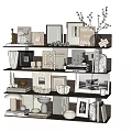 Decorative Ornament Set on Multi Tiered Shelves with Photo Frames Vases Books and Decorative Items