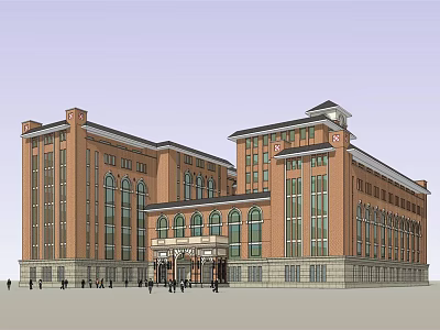 Classical Red Brick Multi Story Building With Large Glass Windows Main Entrance And People Walking 3d model
