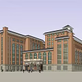 Classical Red Brick Multi Story Building With Large Glass Windows Main Entrance And People Walking