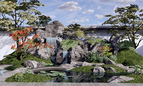 New Chinese-style rockery waterfall waterscape landscape pool rockery falling water landscape stone combination small bridge flowing water Ting step 3d model