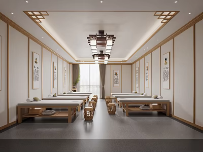 Hospital Outpatient Clinic Chinese Style Interior With Neatly Arranged Treatment Beds And Wall Calligraphy 3d model