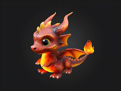 Cute 3D Cartoon Baby Dragon Plush Toy With Red Orange Horns Wings And Flame Tail 3d model
