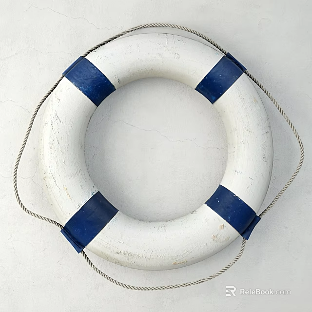 Vintage White And Blue Lifebuoy Wall Decor Hanging On White Wall 3d model 