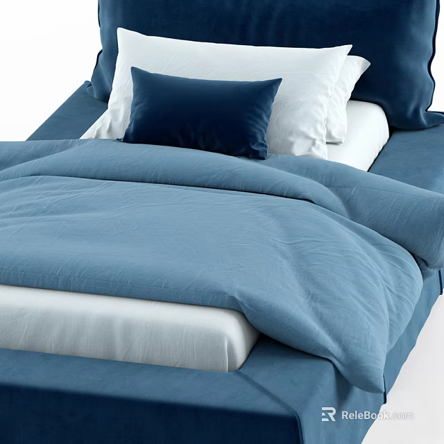 Cozy Single Bed Interior With Blue Linen Bedspread White Pillows And Soft Sheets 3d model 