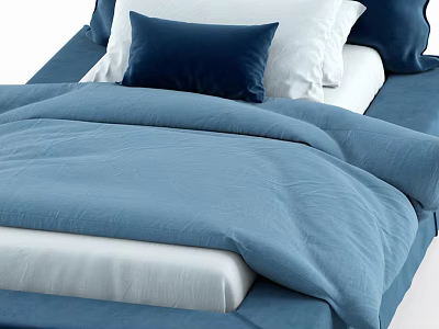 Cozy Single Bed Interior With Blue Linen Bedspread White Pillows And Soft Sheets 3d model