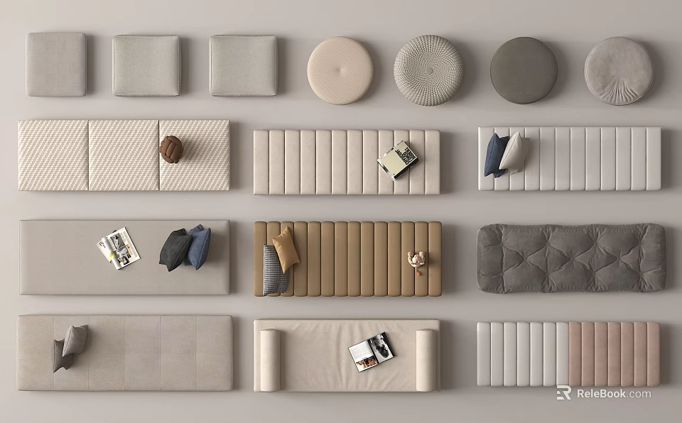 Diverse Sofa Backrest Designs With Round Square Cushions And Decorative Items 3d model