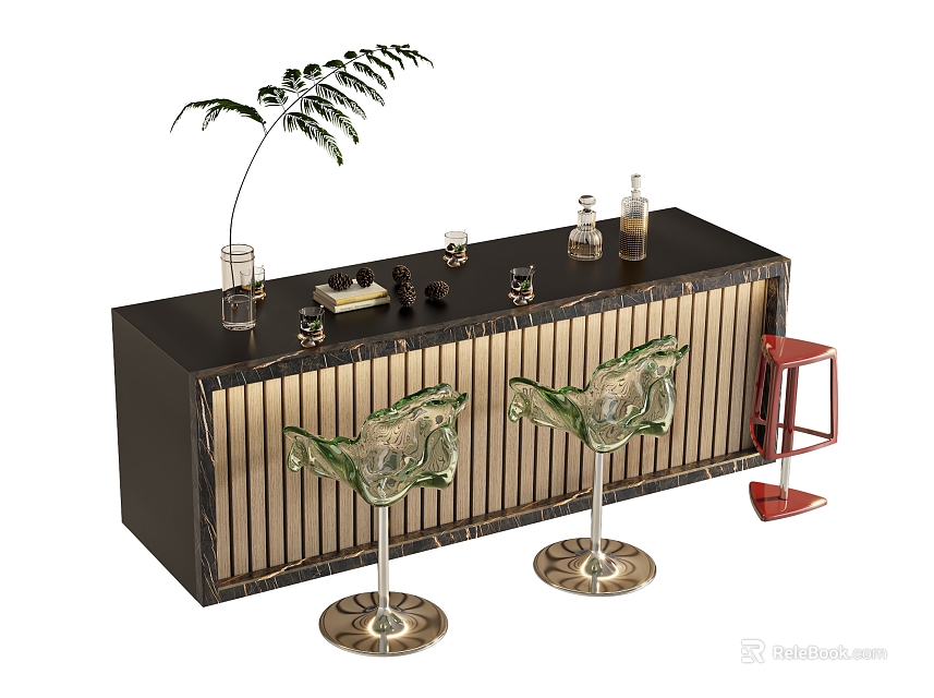 Stylish Modern Black Bar Counter With Gold Accents Glasses Bottles And Green Stools 3d model 