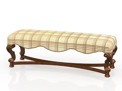 Classic Style Bed Bench With Plaid Fabric And Wooden Carved Legs 3d model