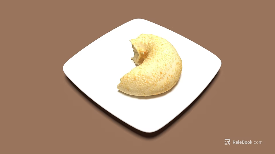 Golden Bitten Pastry on White Square Plate with Crispy Surface Texture 3d model
