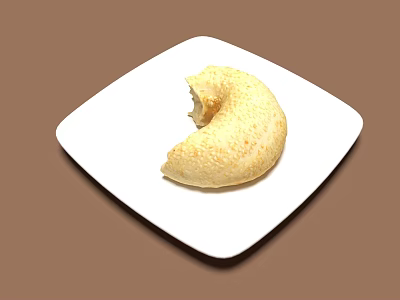 Golden Bitten Pastry on White Square Plate with Crispy Surface Texture 3d model