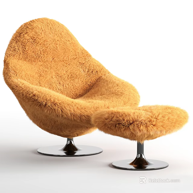 Modern Orange Plush Fur Lounge Chair With Matching Ottoman And Metal Base 3d model 
