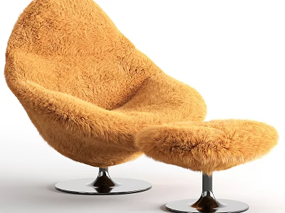 Modern Orange Plush Fur Lounge Chair With Matching Ottoman And Metal Base 3d model