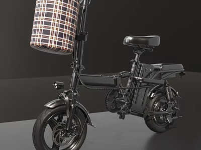 Black Foldable Electric Utility Vehicle with Front Plaid Pattern Basket and Compact Practical Design 3d model
