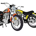 Two Vintage Motorcycles In Orange And Yellow With Black Seats Spoked Wheels And Chrome Engines