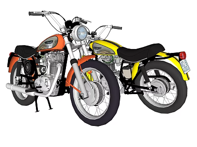 Two Vintage Motorcycles In Orange And Yellow With Black Seats Spoked Wheels And Chrome Engines 3d model