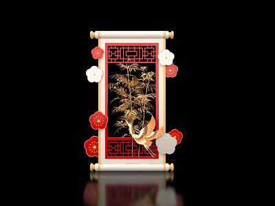 Chinese Traditional Photo Spot with Scroll Decoration Bamboo Crane and Red White Flowers Golden Frame 3d model