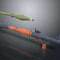 Rocket Launcher With Orange Wooden Grip And Green Rocket Projectile On Dark Reflective Surface