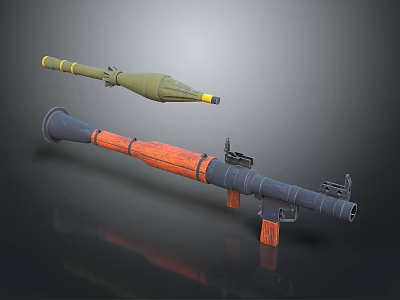 Rocket Launcher With Orange Wooden Grip And Green Rocket Projectile On Dark Reflective Surface 3d model