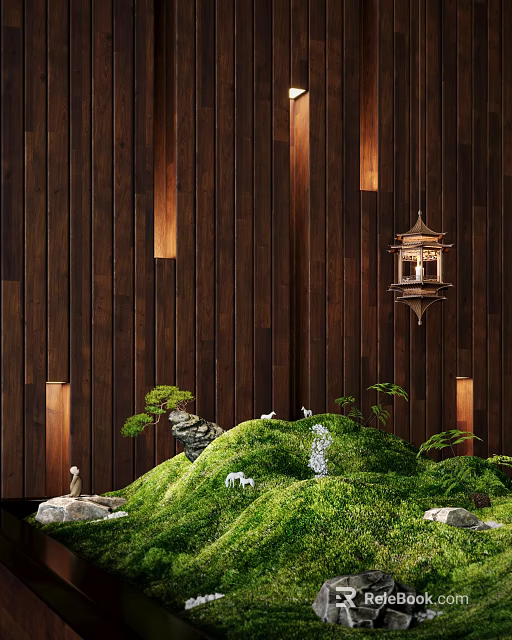 Indoor Landscape Interior With Wooden Walls Hanging Lantern Mossy Hill Small Deer And Water Flow 3d model 
