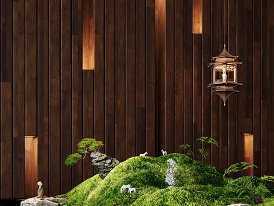 Indoor Landscape Interior With Wooden Walls Hanging Lantern Mossy Hill Small Deer And Water Flow 3d model