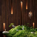 Indoor Landscape Interior With Wooden Walls Hanging Lantern Mossy Hill Small Deer And Water Flow