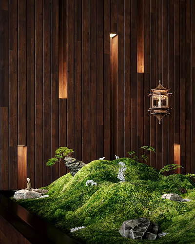 Indoor Landscape Interior With Wooden Walls Hanging Lantern Mossy Hill Small Deer And Water Flow 3d model