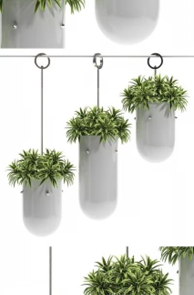 Modern Hanging Planters With Lush Green Foliage And White Ceramic Design For Indoor Decor 3d model