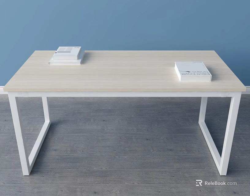 Light Wooden Top Desk With White Frame And Stack Of Books In Blue Wall Room 3d model 