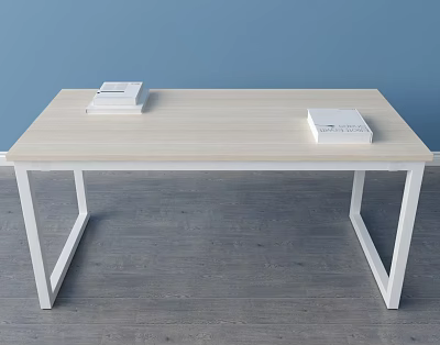 Light Wooden Top Desk With White Frame And Stack Of Books In Blue Wall Room 3d model