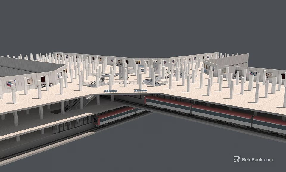Modern Train Station Design With White Columns Platform Plaza And Tracks 3d model 