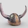 Vintage Viking Warrior Helmet Featuring Large Curved Horns Metallic Finish And Ornate Golden Band