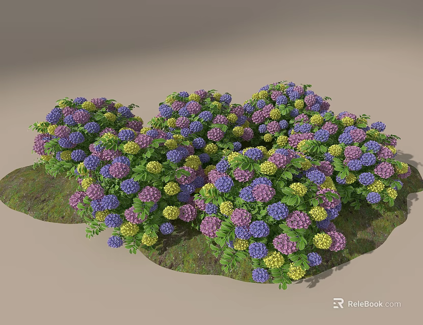 Vibrant Purple Blue Yellow Hydrangea Flowers Growing On Green Grass 3d model 