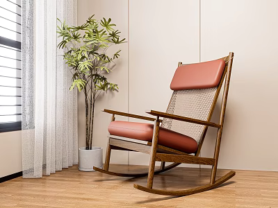 Comfortable Wooden Rocking Chair With Red Cushion Mesh Backrest And Green Plant 3d model