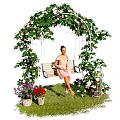 Outdoor Swing Play Equipment with Vine Covered Arch Colorful Flowers Decorative Birdcage and Green Grass